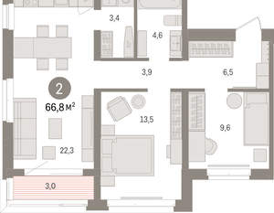 2-к квартира, вторичка, 67м2, 5/16 этаж