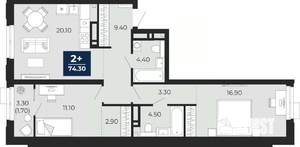 2-к квартира, вторичка, 74м2, 4/24 этаж