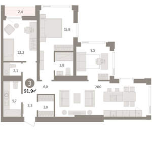 3-к квартира, вторичка, 92м2, 22/25 этаж