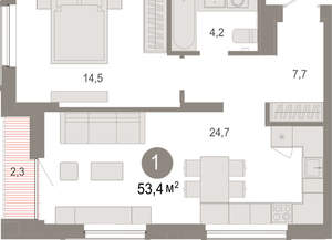 1-к квартира, вторичка, 53м2, 15/17 этаж