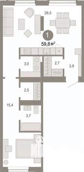 1-к квартира, вторичка, 60м2, 2/9 этаж