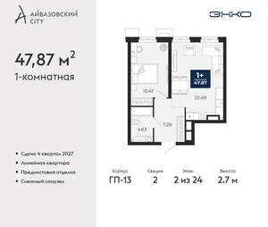 1-к квартира, вторичка, 48м2, 2/24 этаж