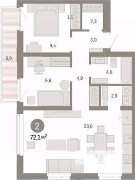 2-к квартира, вторичка, 72м2, 5/9 этаж