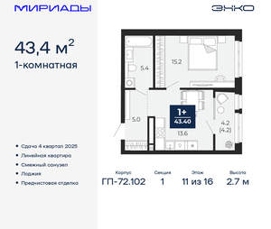 1-к квартира, вторичка, 43м2, 11/16 этаж