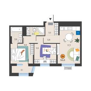 2-к квартира, вторичка, 55м2, 11/25 этаж