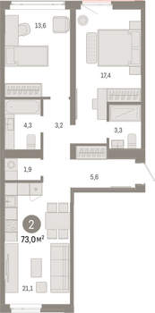 2-к квартира, вторичка, 73м2, 5/25 этаж