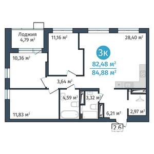 3-к квартира, вторичка, 82м2, 19/24 этаж