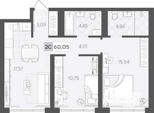 2-к квартира, строящийся дом, 60м2, 2/17 этаж