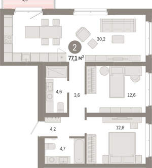 2-к квартира, вторичка, 77м2, 5/11 этаж