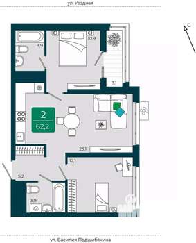 2-к квартира, вторичка, 62м2, 12/16 этаж