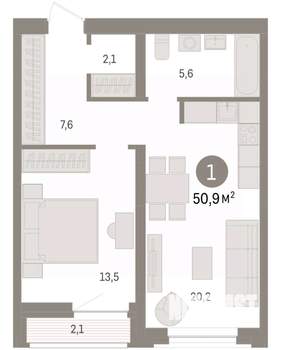 1-к квартира, вторичка, 51м2, 3/7 этаж