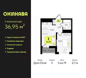 1-к квартира, вторичка, 37м2, 5/19 этаж