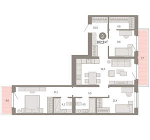 3-к квартира, вторичка, 102м2, 6/11 этаж