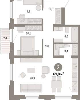 2-к квартира, вторичка, 70м2, 7/16 этаж