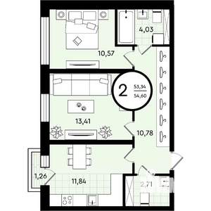 2-к квартира, строящийся дом, 55м2, 3/4 этаж