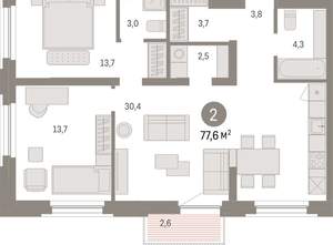 2-к квартира, вторичка, 78м2, 2/16 этаж