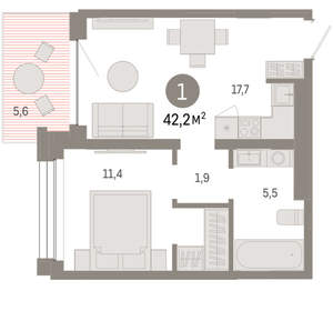 1-к квартира, вторичка, 42м2, 7/8 этаж