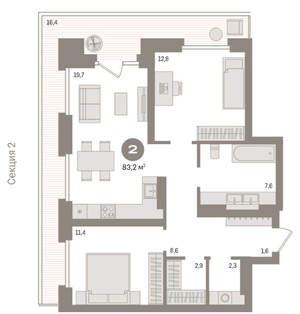 2-к квартира, вторичка, 83м2, 4/9 этаж