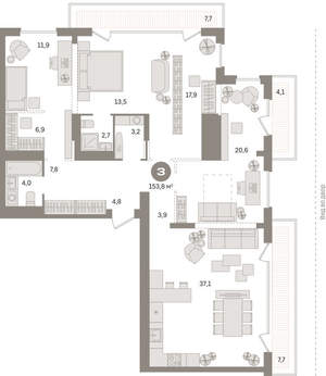 3-к квартира, вторичка, 154м2, 25/25 этаж