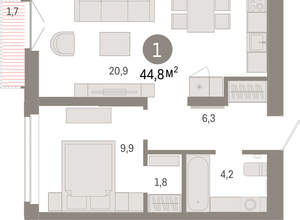 1-к квартира, вторичка, 45м2, 7/16 этаж