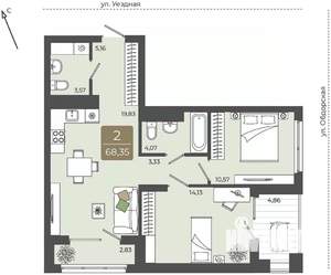 2-к квартира, вторичка, 68м2, 10/15 этаж