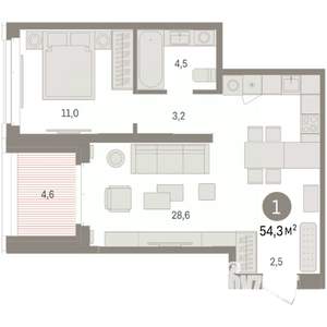 1-к квартира, вторичка, 54м2, 5/16 этаж