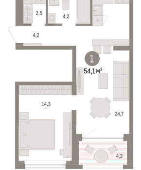 1-к квартира, вторичка, 54м2, 6/8 этаж
