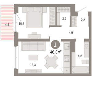 1-к квартира, вторичка, 46м2, 6/11 этаж