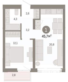 1-к квартира, вторичка, 46м2, 7/9 этаж