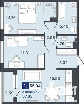 2-к квартира, строящийся дом, 55м2, 3/8 этаж