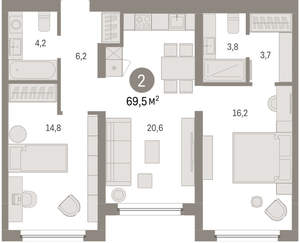 2-к квартира, вторичка, 69м2, 5/16 этаж