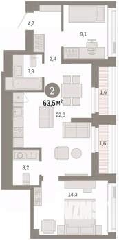 2-к квартира, вторичка, 64м2, 21/25 этаж