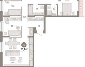 3-к квартира, вторичка, 86м2, 7/17 этаж