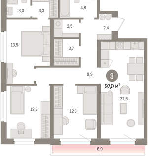 3-к квартира, вторичка, 97м2, 10/16 этаж