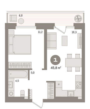 1-к квартира, вторичка, 46м2, 5/9 этаж