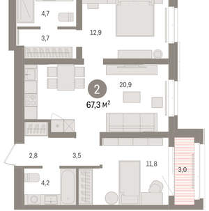 2-к квартира, вторичка, 67м2, 4/16 этаж