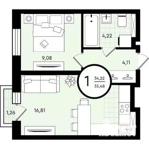 1-к квартира, вторичка, 35м2, 4/4 этаж
