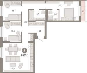 3-к квартира, вторичка, 86м2, 7/7 этаж