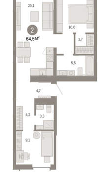 2-к квартира, вторичка, 64м2, 5/16 этаж