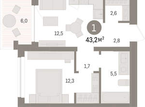 1-к квартира, вторичка, 43м2, 2/8 этаж