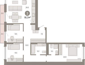 3-к квартира, вторичка, 91м2, 5/8 этаж