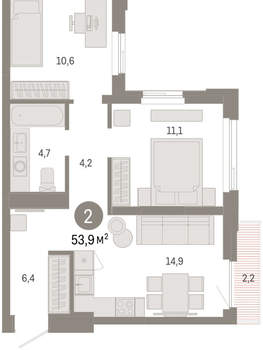 2-к квартира, вторичка, 54м2, 6/25 этаж