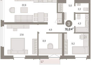 3-к квартира, вторичка, 77м2, 4/16 этаж