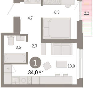 1-к квартира, вторичка, 34м2, 7/25 этаж
