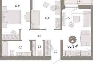 2-к квартира, вторичка, 60м2, 9/17 этаж