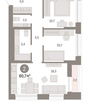 2-к квартира, вторичка, 61м2, 3/17 этаж