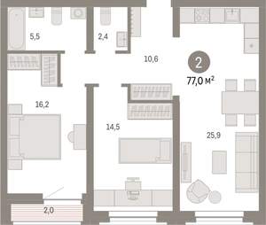 2-к квартира, вторичка, 77м2, 5/10 этаж