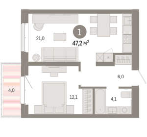 1-к квартира, вторичка, 47м2, 4/11 этаж