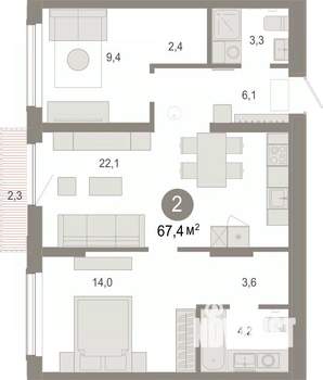 2-к квартира, вторичка, 67м2, 4/17 этаж