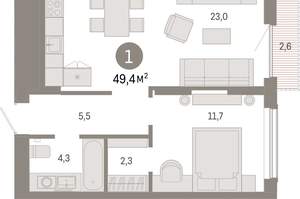 1-к квартира, вторичка, 49м2, 16/17 этаж